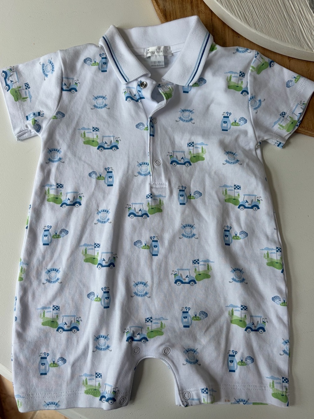 Kissy Kissy White Polo Romper with Blue and Green Golf Print